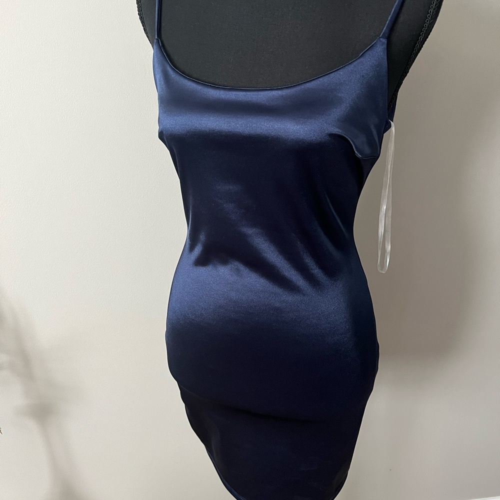 Deep blue, low cut mini dress with satin finish size small